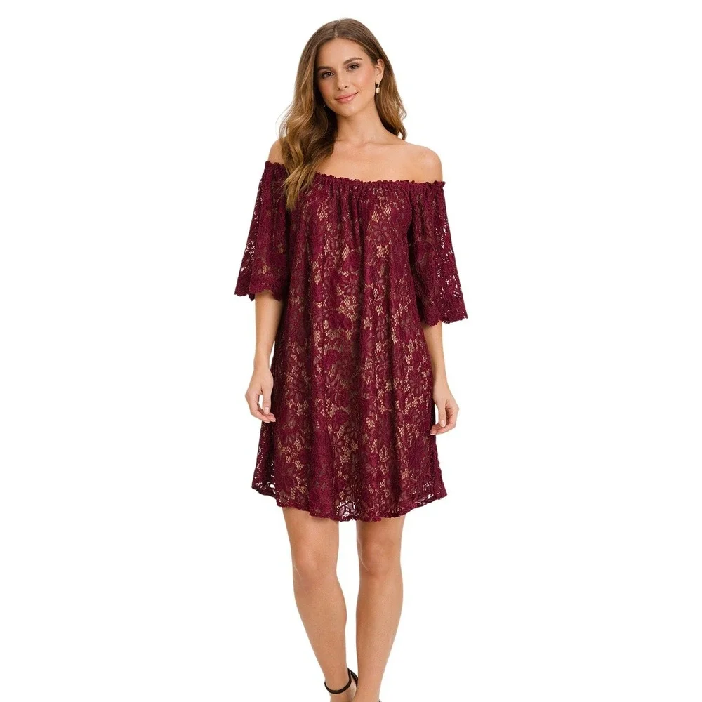 Lace Mini Dress‎ Women Medium Burgundy Off Shoulder Bell Sleeve Boho